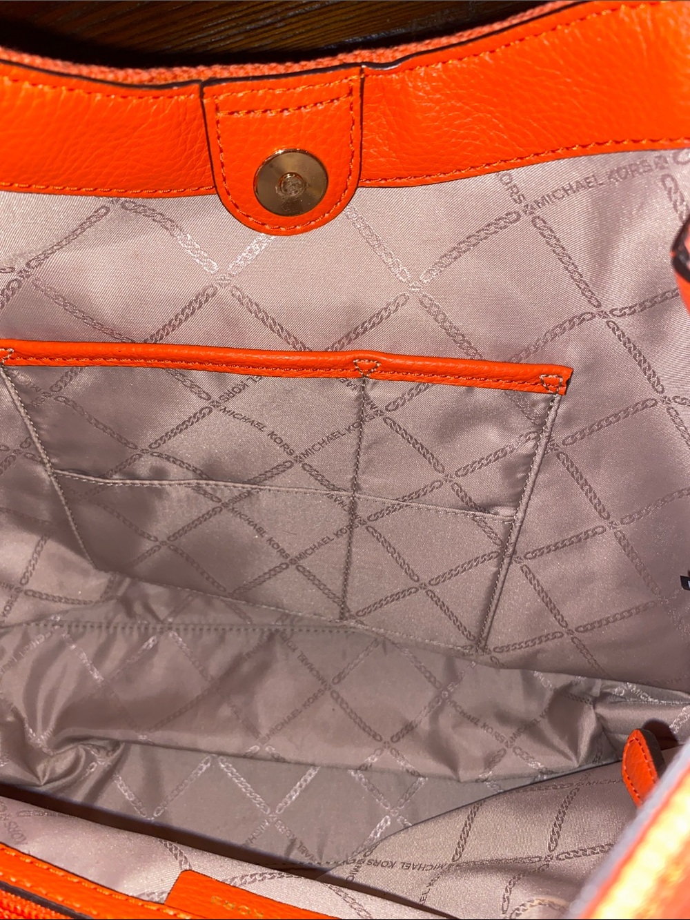 Michael Kors Coral Orange Rope Handle Tote Shoulder Bag Gold MK Medallion - Picture 6 of 15